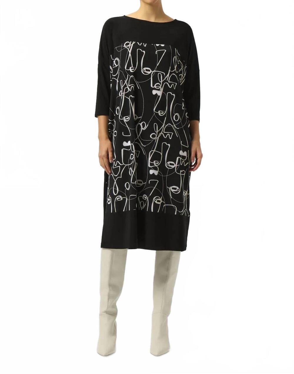 NEW JOSEPH RIBKOFF face print boat neck three quarter sleeves cocoon dress in bl